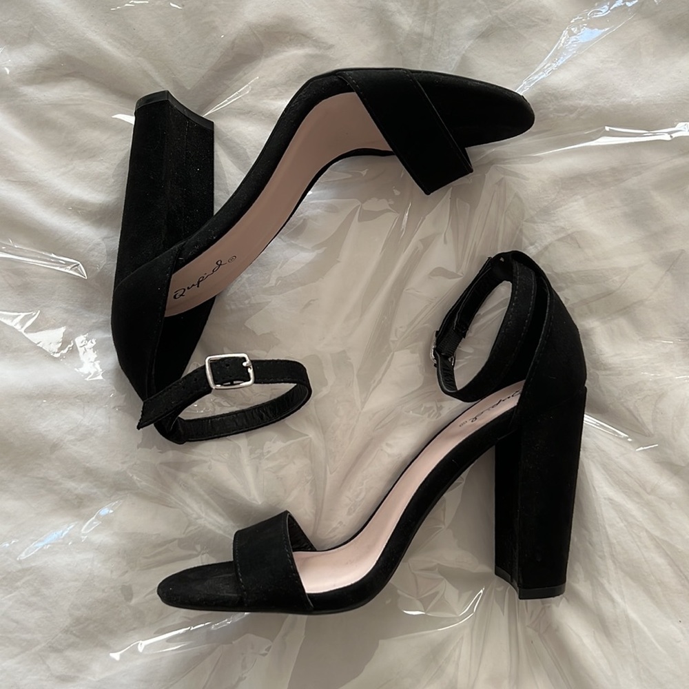 Black Faux Suede Leather 6.5 Glamorous Strappy 4” Heels